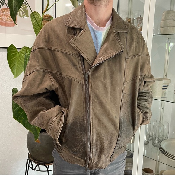 Vintage Rustic Heavy Leather Brown New Zealand  Outback Bomber Jacket Size Large - Picture 2 of 15